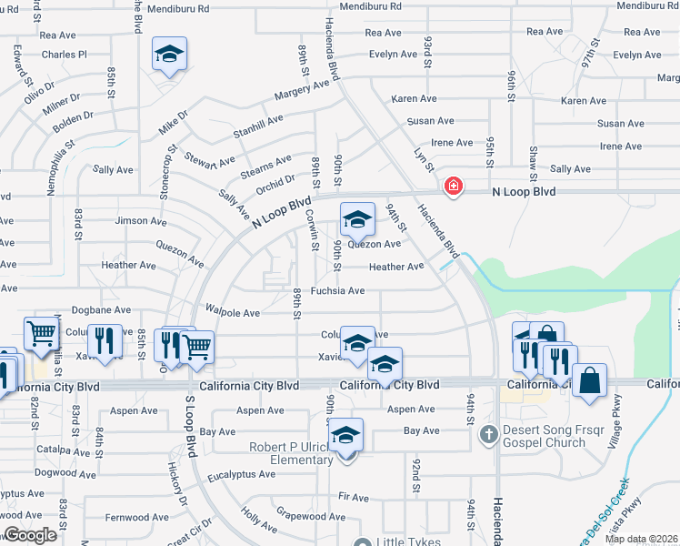 map of restaurants, bars, coffee shops, grocery stores, and more near 9010 Heather Avenue in California City