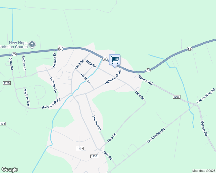 map of restaurants, bars, coffee shops, grocery stores, and more near 193 Halls Creek Road in New Bern