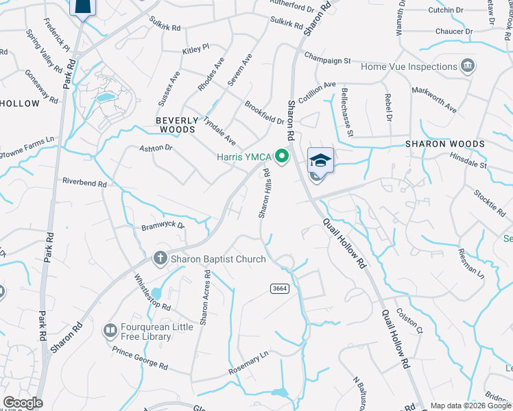 map of restaurants, bars, coffee shops, grocery stores, and more near 6008 Sharon Hills Road in Charlotte