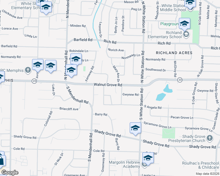 map of restaurants, bars, coffee shops, grocery stores, and more near 5099 Walnut Grove Road in Memphis
