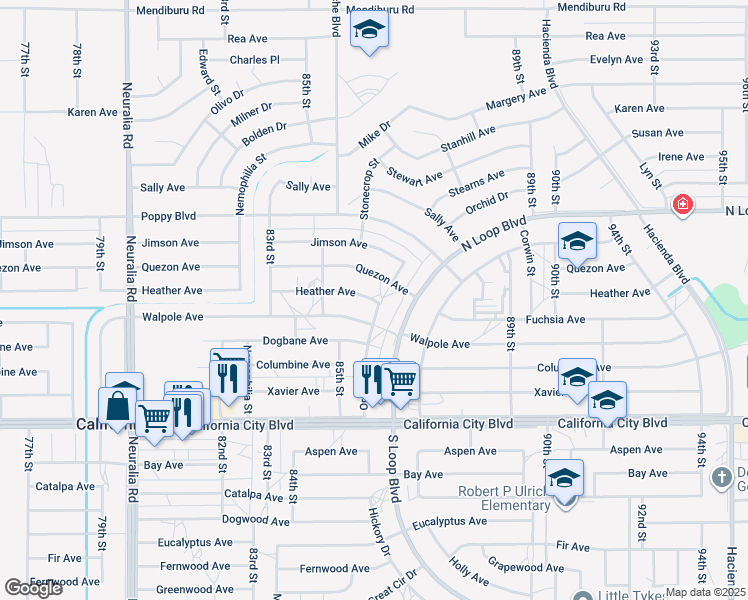 map of restaurants, bars, coffee shops, grocery stores, and more near 8565 Heather Avenue in California City