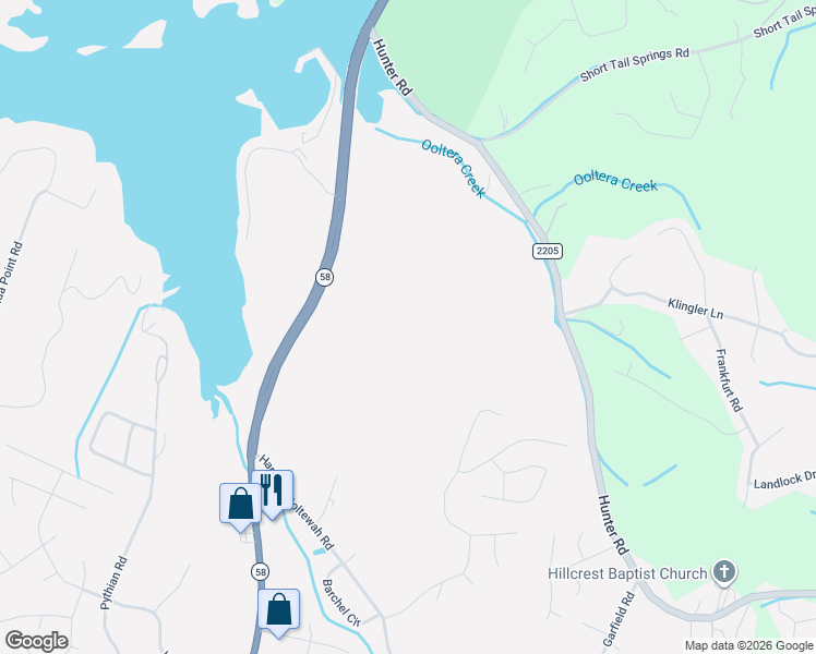 map of restaurants, bars, coffee shops, grocery stores, and more near 6528 Highway 58 in Harrison
