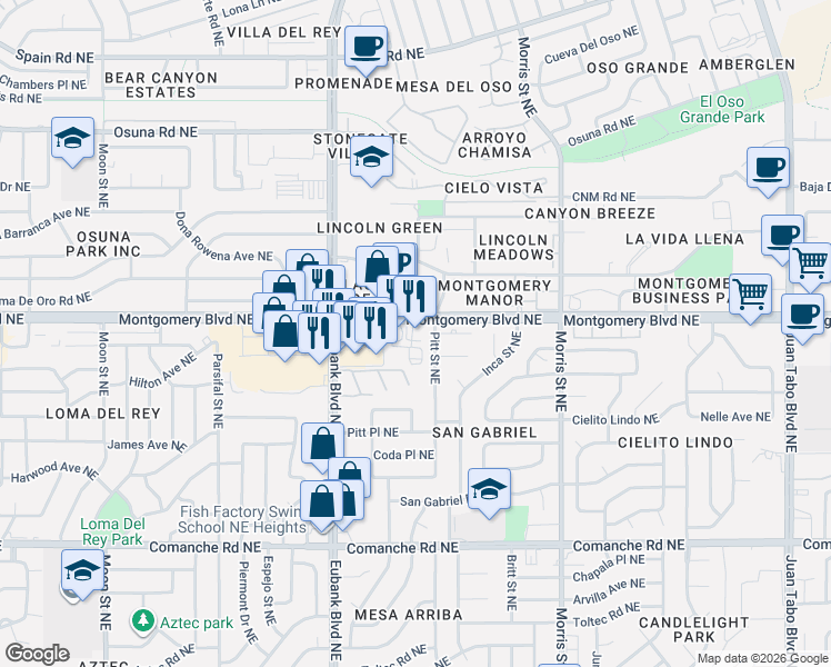 map of restaurants, bars, coffee shops, grocery stores, and more near in Albuquerque