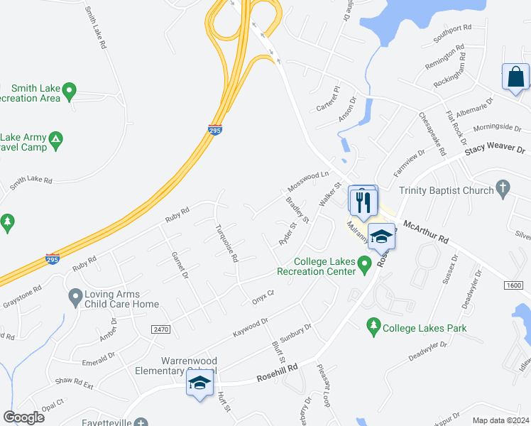 map of restaurants, bars, coffee shops, grocery stores, and more near 729 Mosswood Lane in Fayetteville