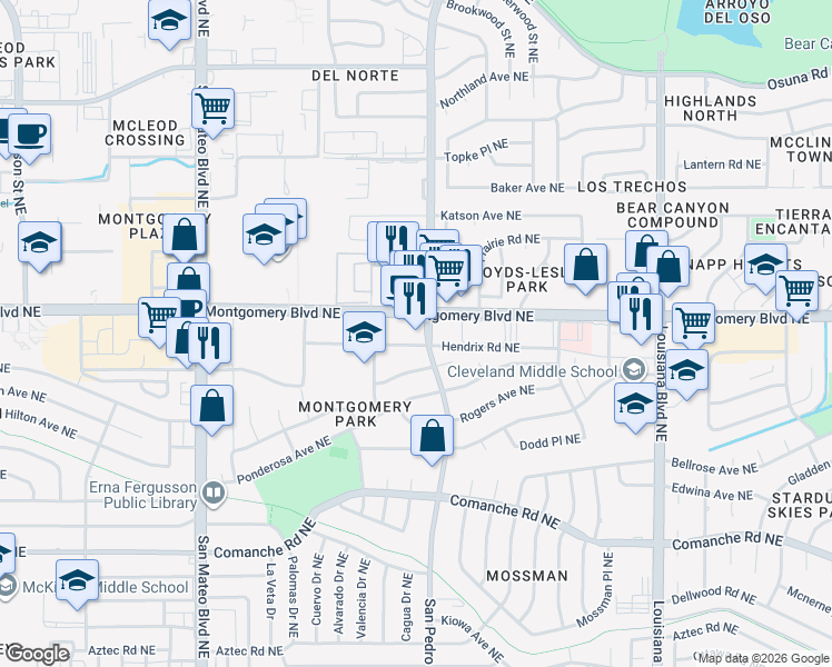 map of restaurants, bars, coffee shops, grocery stores, and more near 4001 San Pedro Drive Northeast in Albuquerque