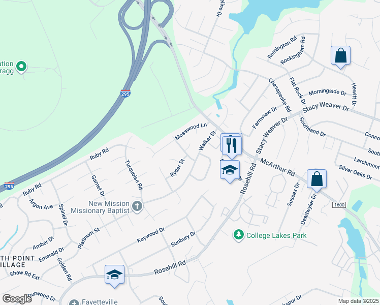 map of restaurants, bars, coffee shops, grocery stores, and more near 1004 Bradley Street in Fayetteville