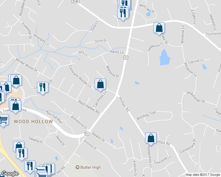 map of restaurants, bars, coffee shops, grocery stores, and more near 13031 Phillips Road in Matthews