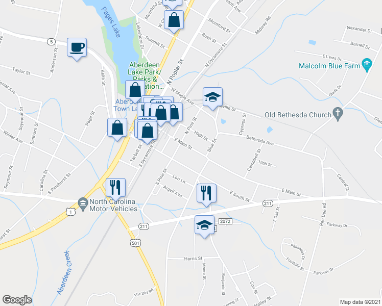 map of restaurants, bars, coffee shops, grocery stores, and more near 310 East Main Street in Aberdeen