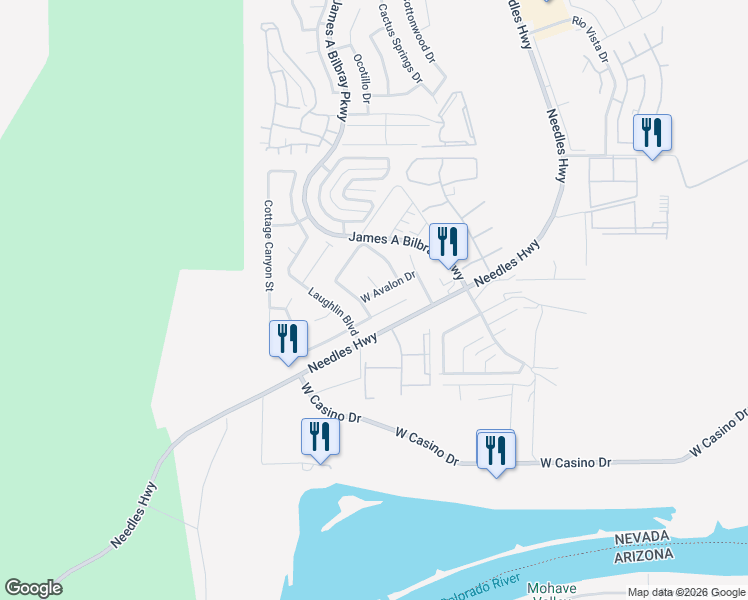 map of restaurants, bars, coffee shops, grocery stores, and more near 2149 West Avalon Drive in Laughlin