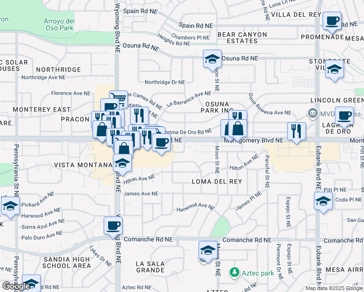 map of restaurants, bars, coffee shops, grocery stores, and more near 8810 Montgomery Boulevard Northeast in Albuquerque