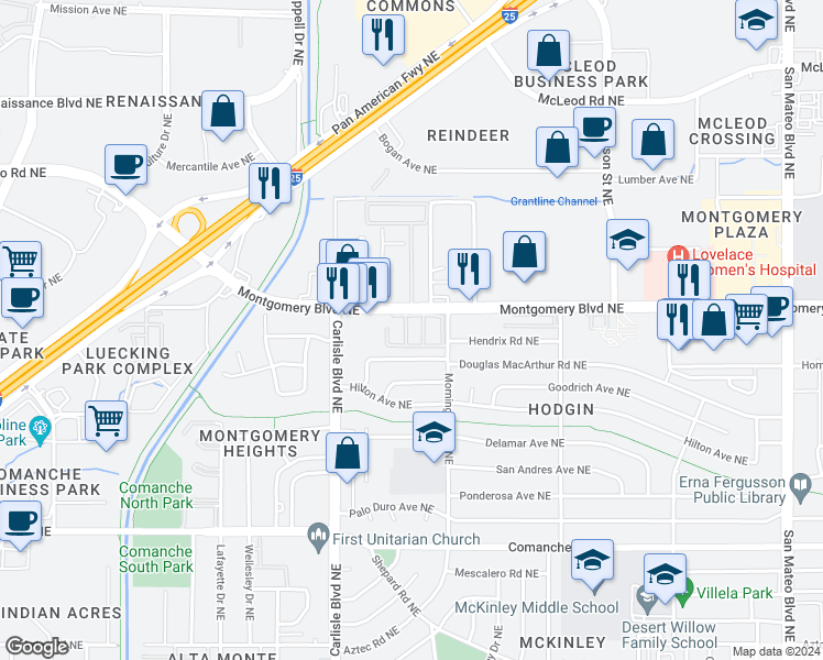 map of restaurants, bars, coffee shops, grocery stores, and more near 3958 Montgomery Boulevard Northeast in Albuquerque