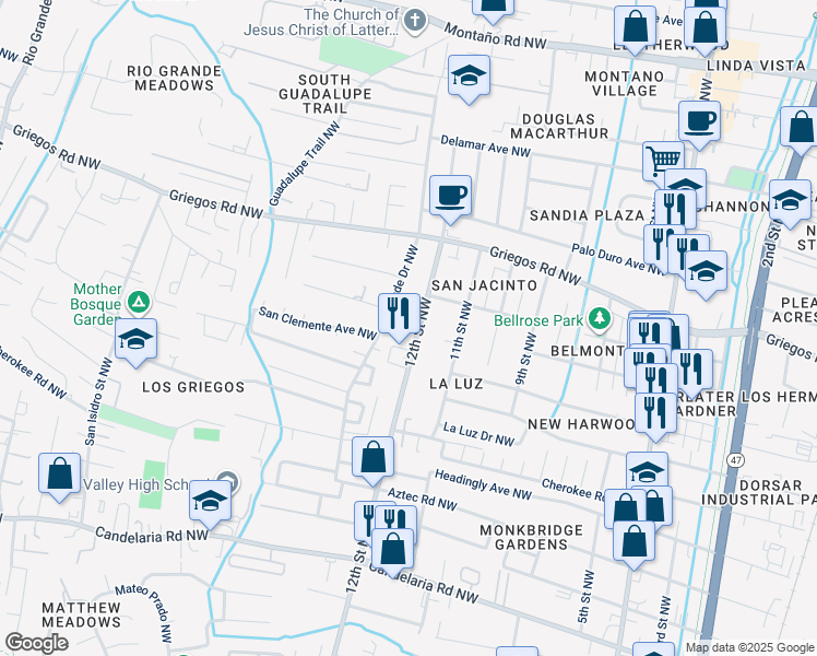 map of restaurants, bars, coffee shops, grocery stores, and more near 4415 12th Street Northwest in Albuquerque
