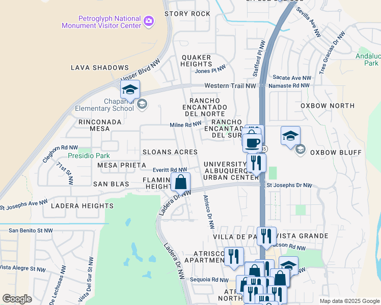 map of restaurants, bars, coffee shops, grocery stores, and more near 4109 Atrisco Drive Northwest in Albuquerque