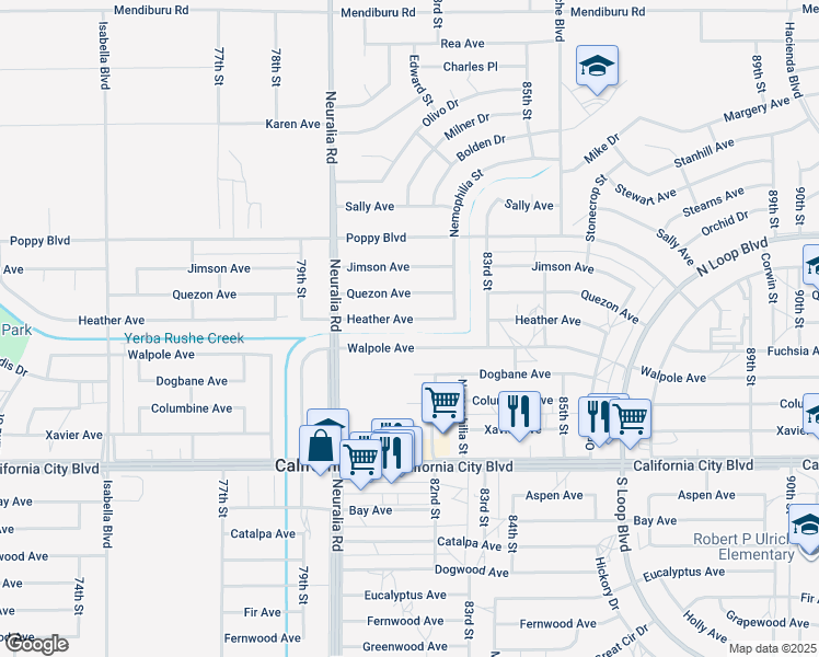 map of restaurants, bars, coffee shops, grocery stores, and more near 8137 Walpole Avenue in California City