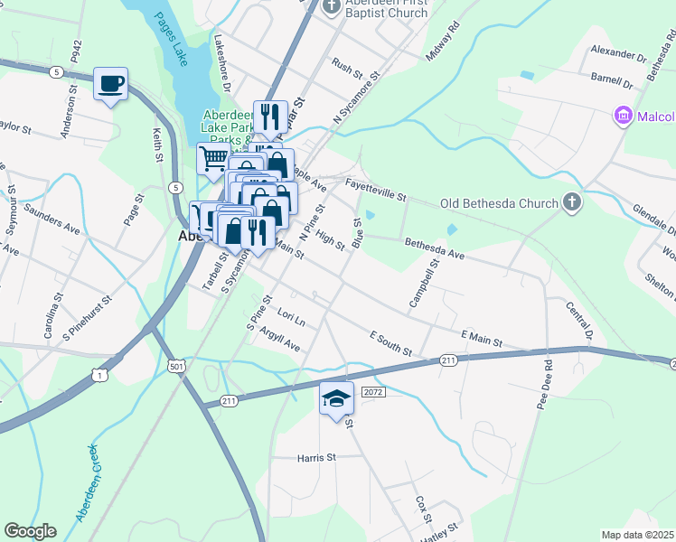 map of restaurants, bars, coffee shops, grocery stores, and more near 407 East Main Street in Aberdeen