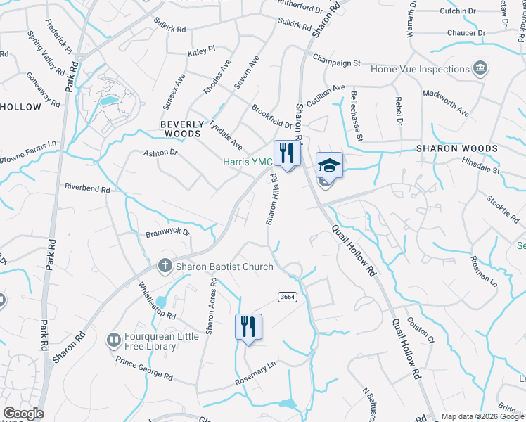 map of restaurants, bars, coffee shops, grocery stores, and more near 6008 Sharon Hills Road in Charlotte