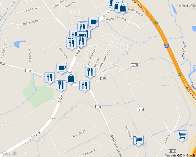 map of restaurants, bars, coffee shops, grocery stores, and more near 9329 Lenox Pointe Drive in Charlotte