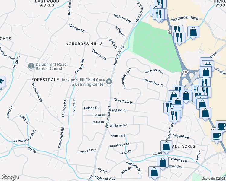 map of restaurants, bars, coffee shops, grocery stores, and more near 4458 Norcross Road in Chattanooga