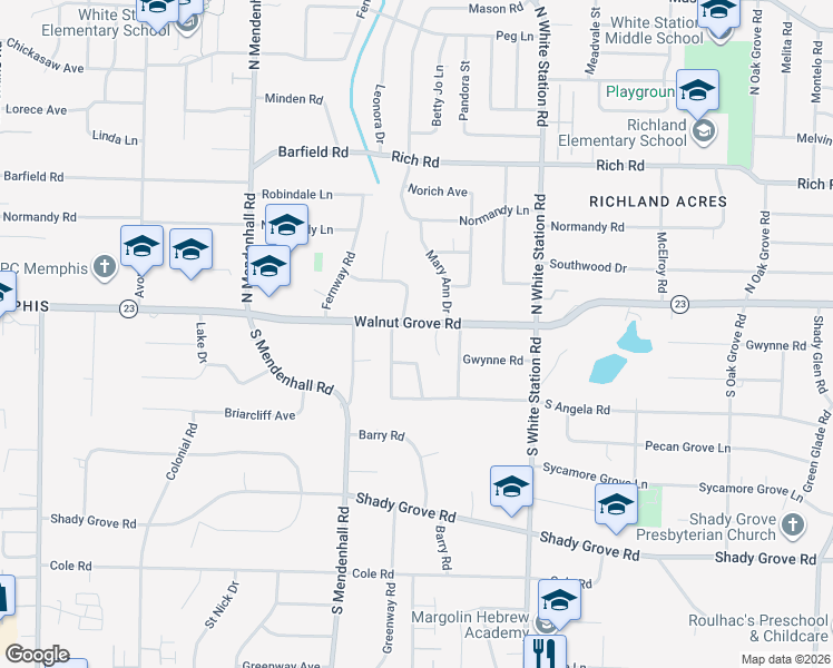 map of restaurants, bars, coffee shops, grocery stores, and more near 5099 Walnut Grove Road in Memphis