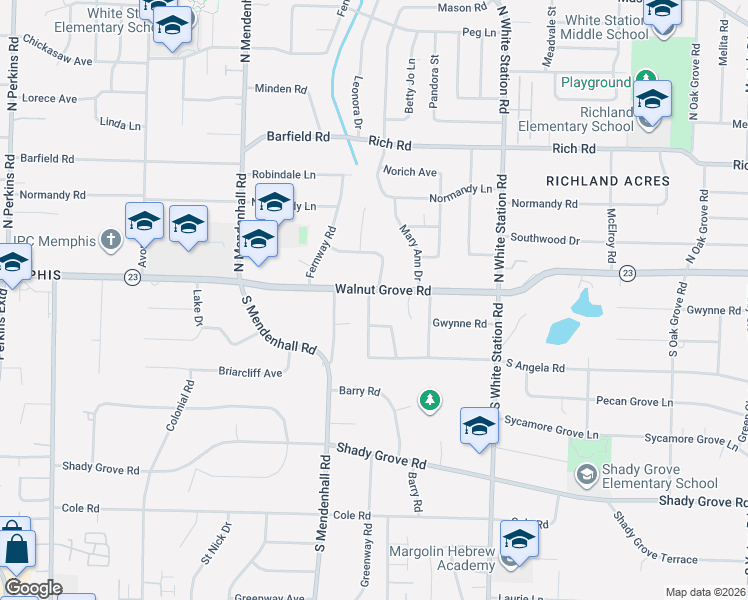 map of restaurants, bars, coffee shops, grocery stores, and more near 5099 Walnut Grove Road in Memphis