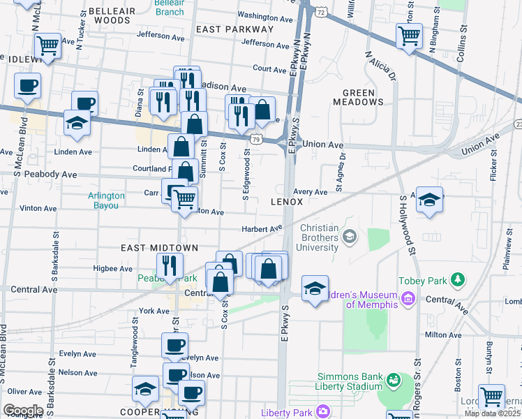 map of restaurants, bars, coffee shops, grocery stores, and more near 567 East Parkway South in Memphis