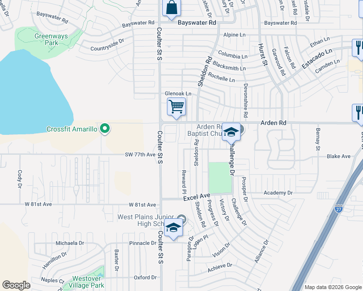 map of restaurants, bars, coffee shops, grocery stores, and more near 7014 Learning Tree Avenue in Amarillo