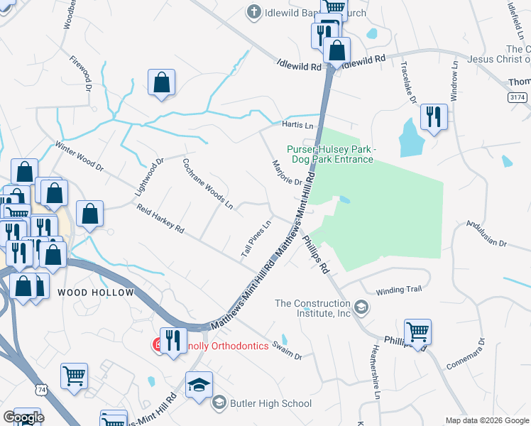 map of restaurants, bars, coffee shops, grocery stores, and more near 1431 Cochrane Woods Lane in Matthews