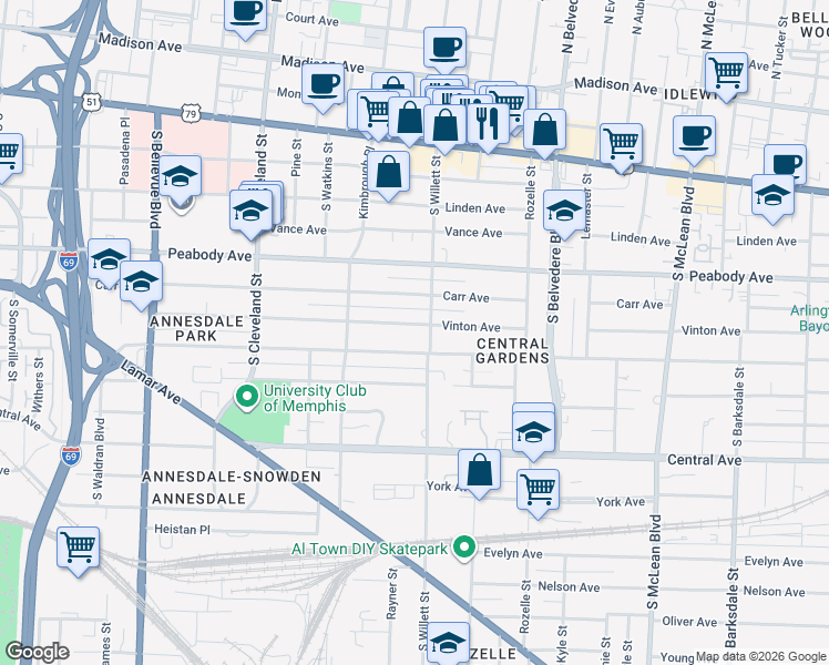 map of restaurants, bars, coffee shops, grocery stores, and more near 1535 Vinton Avenue in Memphis