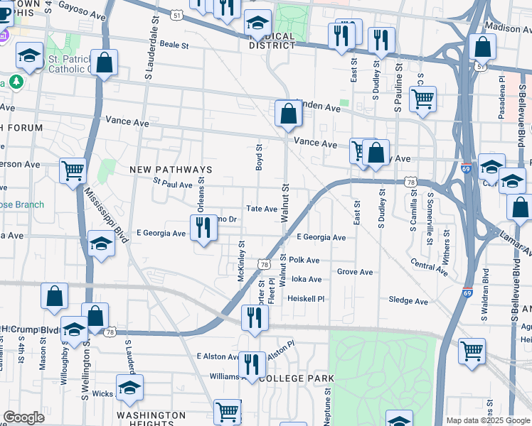 map of restaurants, bars, coffee shops, grocery stores, and more near 765 Tate Avenue in Memphis