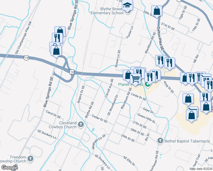 map of restaurants, bars, coffee shops, grocery stores, and more near 616 Linda Drive Southeast in Cleveland