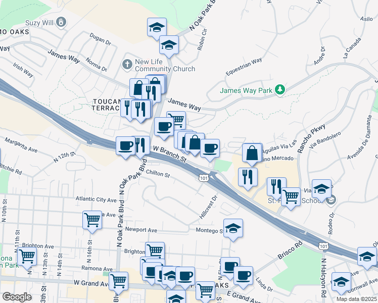 map of restaurants, bars, coffee shops, grocery stores, and more near 1538 West Branch Street in Arroyo Grande