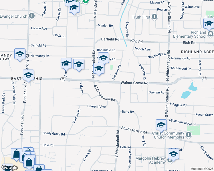 map of restaurants, bars, coffee shops, grocery stores, and more near 4971 Walnut Grove Road in Memphis