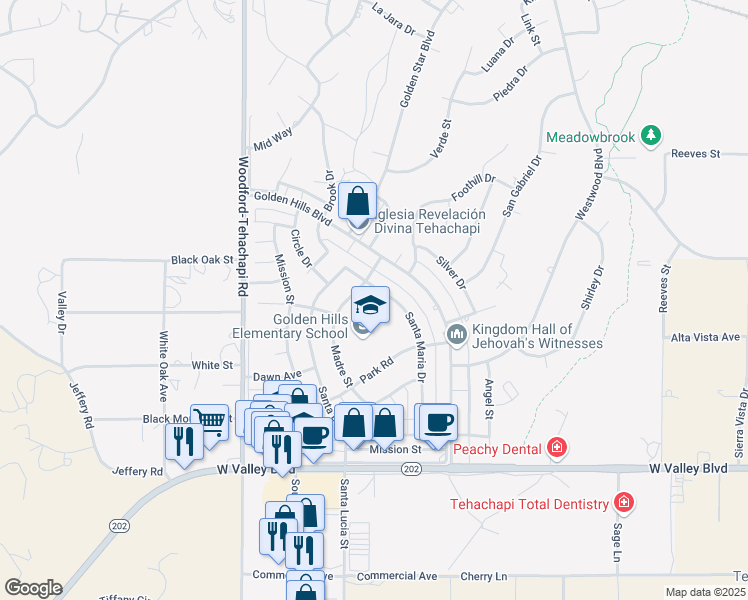 map of restaurants, bars, coffee shops, grocery stores, and more near 21431 Santa Maria Drive in Tehachapi