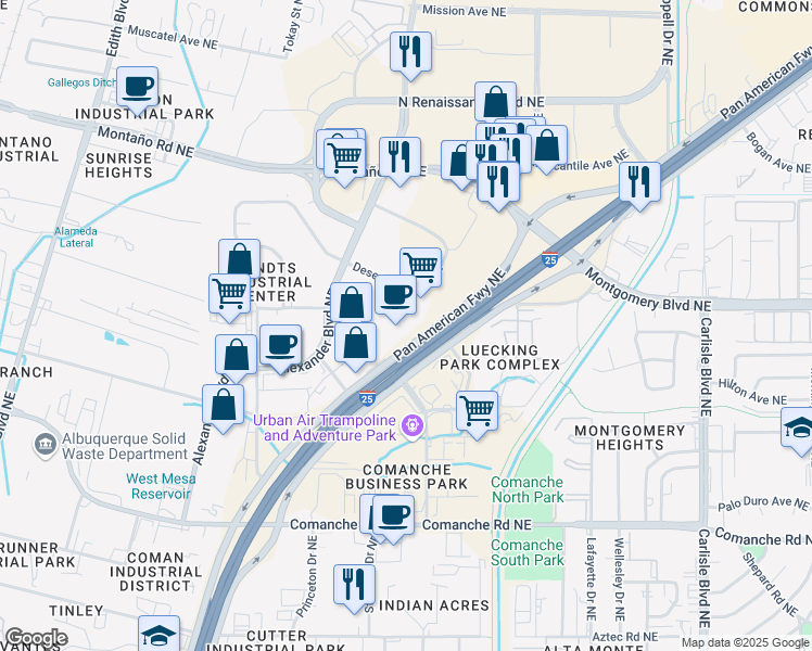 map of restaurants, bars, coffee shops, grocery stores, and more near 2420 Midtown Place Northeast in Albuquerque