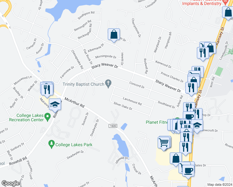 map of restaurants, bars, coffee shops, grocery stores, and more near 424 Larchmont Road in Fayetteville