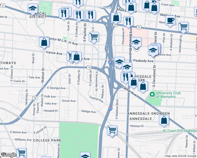 map of restaurants, bars, coffee shops, grocery stores, and more near 600 South Somerville Street in Memphis