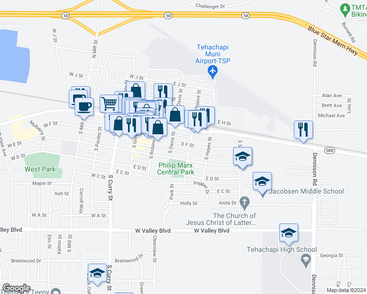 map of restaurants, bars, coffee shops, grocery stores, and more near 324 East F Street in Tehachapi