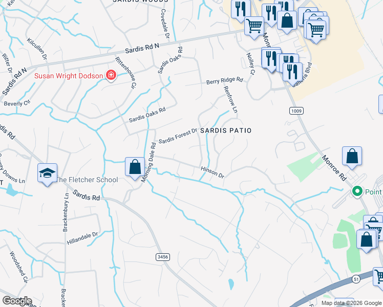 map of restaurants, bars, coffee shops, grocery stores, and more near 9212 Thorpe Court in Charlotte