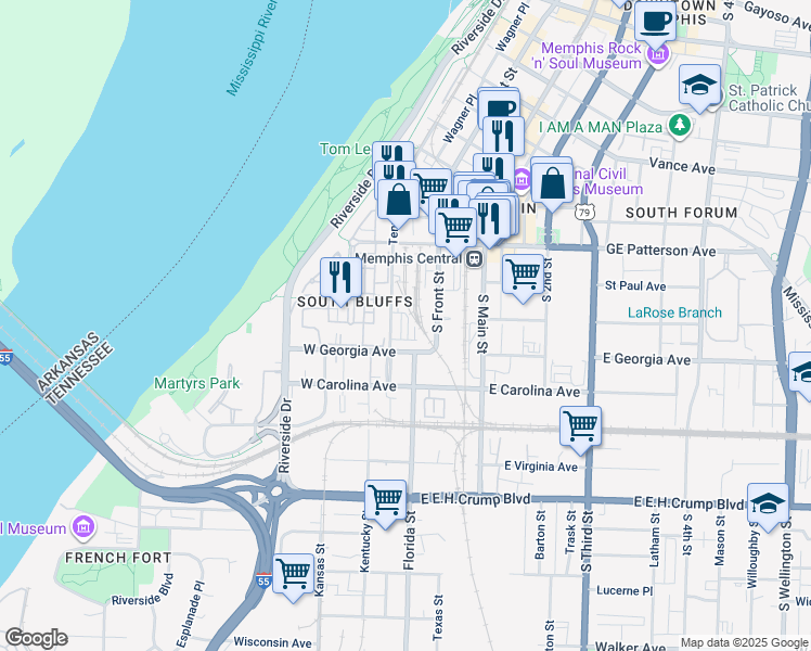 map of restaurants, bars, coffee shops, grocery stores, and more near 615 Denmark Drive in Memphis