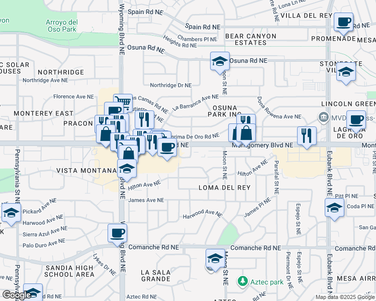 map of restaurants, bars, coffee shops, grocery stores, and more near 8800 Montgomery Boulevard Northeast in Albuquerque