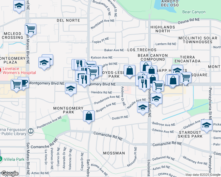 map of restaurants, bars, coffee shops, grocery stores, and more near 6500 Montgomery Boulevard Northeast in Albuquerque
