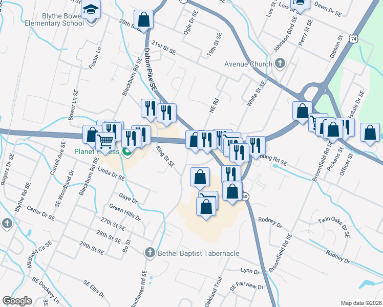 map of restaurants, bars, coffee shops, grocery stores, and more near 2225 Buchanan Road Southeast in Cleveland