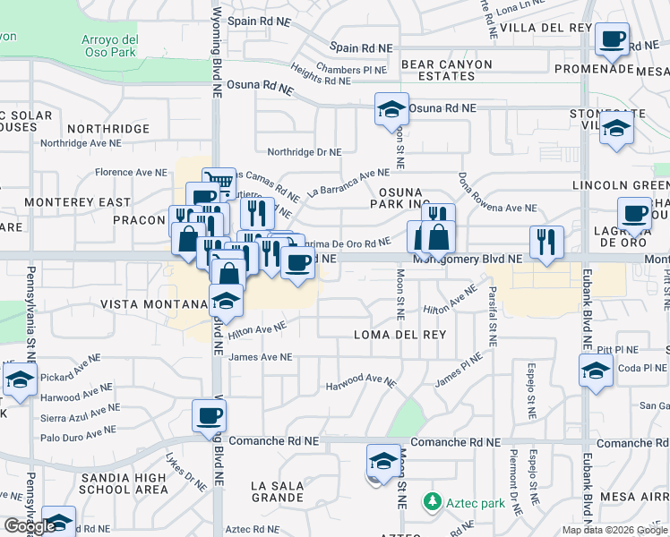 map of restaurants, bars, coffee shops, grocery stores, and more near 8800 Montgomery Boulevard Northeast in Albuquerque