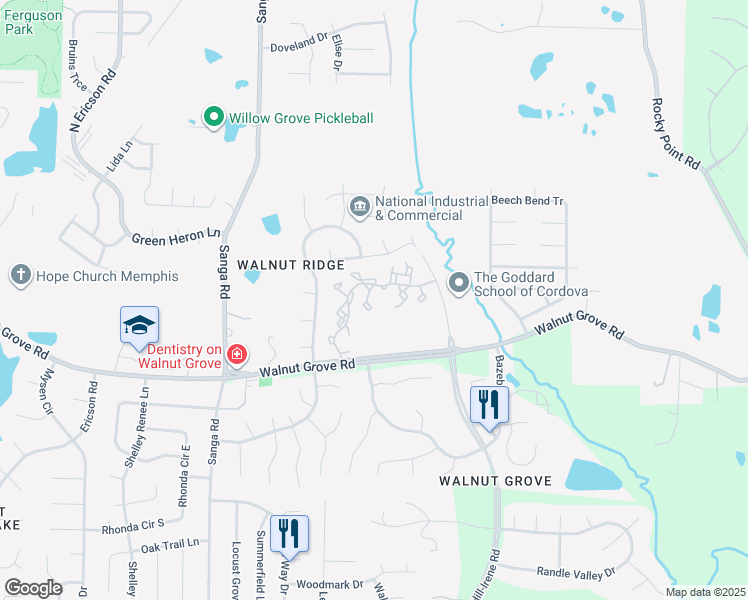 map of restaurants, bars, coffee shops, grocery stores, and more near 174 Scarborough Lane in Memphis