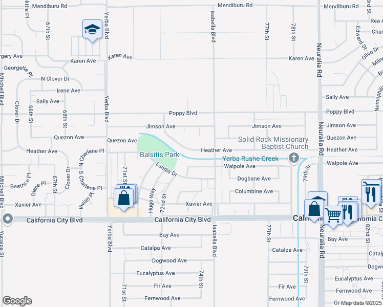 map of restaurants, bars, coffee shops, grocery stores, and more near 7272 Heather Avenue in California City