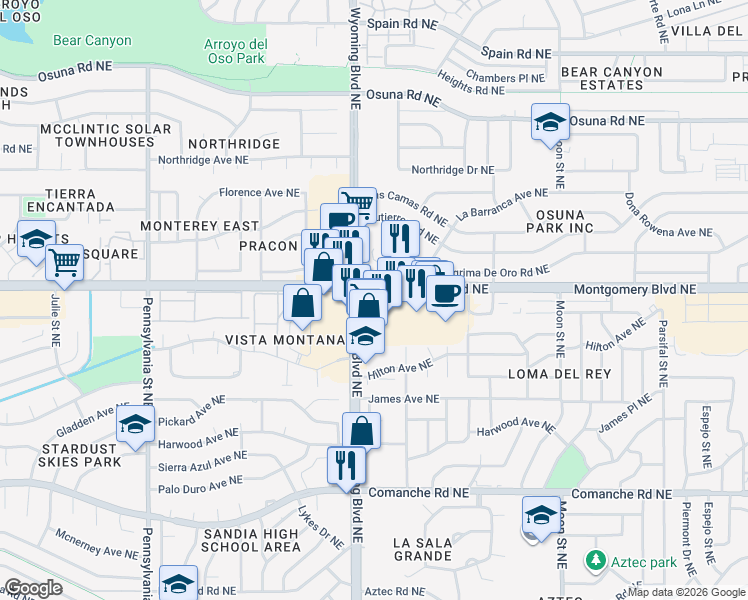 map of restaurants, bars, coffee shops, grocery stores, and more near 8400 Montgomery Boulevard Northeast in Albuquerque