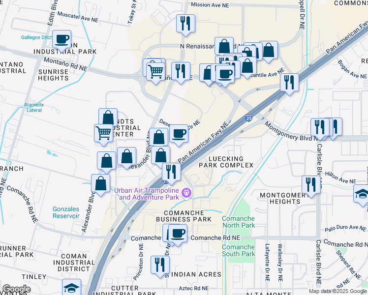 map of restaurants, bars, coffee shops, grocery stores, and more near 2420 Midtown Place Northeast in Albuquerque