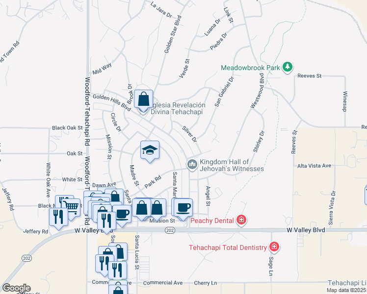 map of restaurants, bars, coffee shops, grocery stores, and more near 21400 Golden Hills Boulevard in Tehachapi