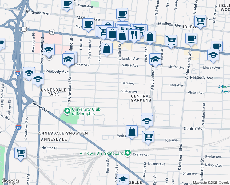 map of restaurants, bars, coffee shops, grocery stores, and more near 1535 Vinton Avenue in Memphis