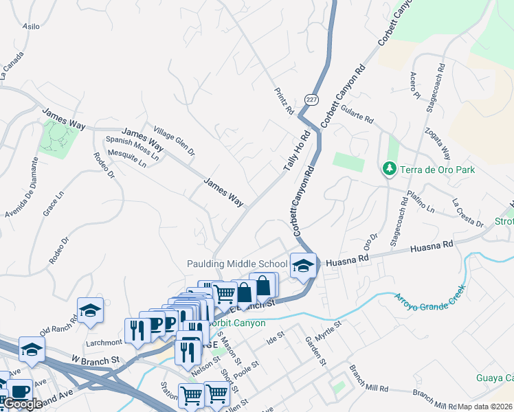 map of restaurants, bars, coffee shops, grocery stores, and more near 240 Tally Ho Road in Arroyo Grande